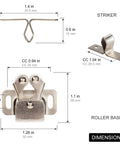 Image showing dimensions of No Sweat Install Cabinet Door Catches, Double Roller Catch Latches with smooth white nylon rollers.