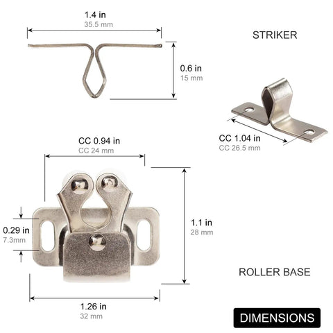 Image showing dimensions of No Sweat Install Cabinet Door Catches, Double Roller Catch Latches with smooth white nylon rollers.