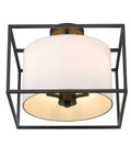 Manhattan Semi Flush Ceiling Light In Matte Black With White Shade Damp Rated, clean open cage design, transitional fixture