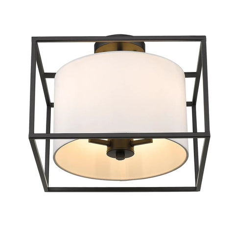 Manhattan Semi Flush Ceiling Light In Matte Black With White Shade Damp Rated, clean open cage design, transitional fixture