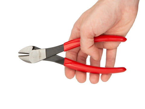7 Inch Diagonal Cutting Pliers For Copper Aluminum And Soft Steel Wire With Induction Hardened Blades For Superior Durability And Clean Cuts Beefy Yet Precise Heavy Duty Red Handle Pliers Great For DIY And Pro Use PCT00007 held in hand