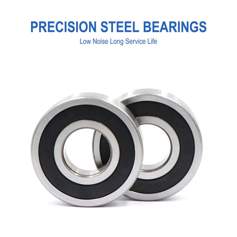 Two precision steel ball bearings with black rubber seals and silver outer race, front view.