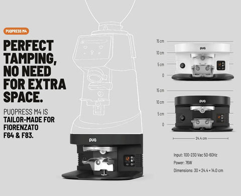 Calibrated Automatic Espresso Tamper Always Nailing The Perfect Shot With Adjustable Pressure Settings Fits Fiorenzato F64 58mm Portafilter Black Smooth Operator Game Changer top view and dimensions with labels.