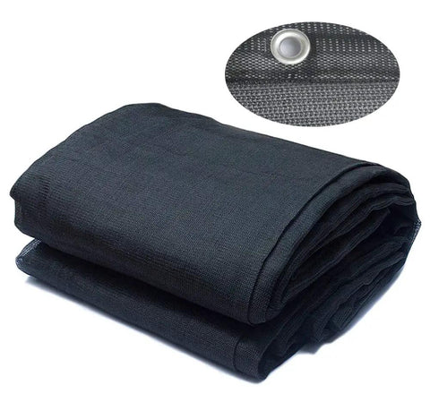 Folded Heavy Duty 10x10 Shade Mesh Tarp With 80 Percent Shade Flat Black Polyethylene Netting, grommets visible