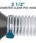 Close-up of 2.5 inch diameter clear PVC dust collection hose with clamp. Pro Grade Clear PVC Dust Collection Hose Two And A Half Inch By Twenty Foot For Workshop And Woodworking Dust Collection Systems Grounded At Both Ends For Safe Electrostatic Discharge Heavy Duty Coil To Minimize Kinking visible.