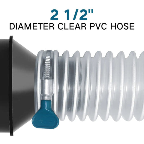 Close-up of 2.5 inch diameter clear PVC dust collection hose with clamp. Pro Grade Clear PVC Dust Collection Hose Two And A Half Inch By Twenty Foot For Workshop And Woodworking Dust Collection Systems Grounded At Both Ends For Safe Electrostatic Discharge Heavy Duty Coil To Minimize Kinking visible.