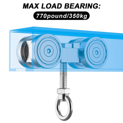 Four Wheel Trolley Assembly With Silent M10 Bolt And Nuts Including Lifting Eye Nut For One To Five Eighths Inch Wide Unistrut Channel