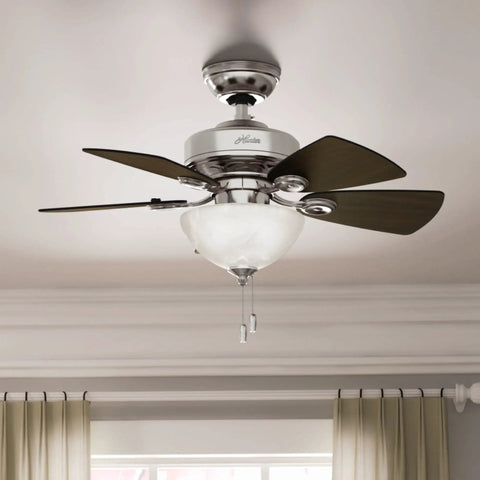 34 Inch Indoor Ceiling Fan With LED Light And Pull Chain, Standard Mount, 5 Blades, Quiet Operation For Small Rooms, Brushed Nickel Finish