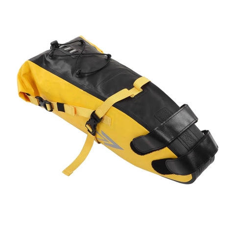 Durable 13L Bikepacking Bag For Long Rides With Large Capacity Yellow And Black Exterior Built To Last Buckles And Waterproof Material