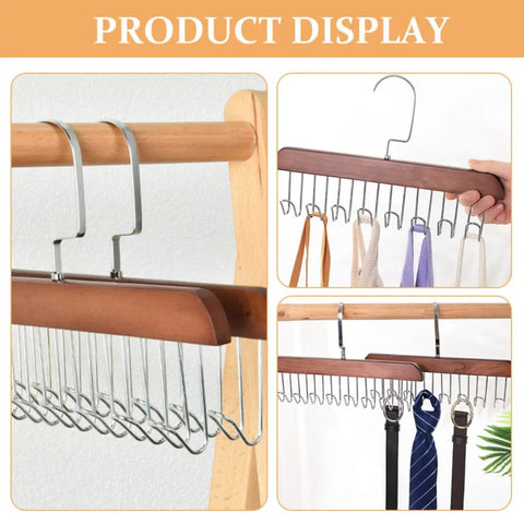 Solid Wooden Closet Organizer Dual Pack featuring eight smooth stainless steel hooks with scarves and ties displayed.