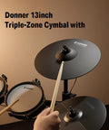 13 Inch Triple Zone Electronic Cymbal Crash Ride With Instant Mute Choke shown with drumstick striking the surface
