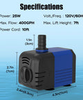 400GPH Submersible Pump With 25W Power, Ultra Quiet Water Pump showing dimensions and specifications. Ideal for aquariums, ponds.