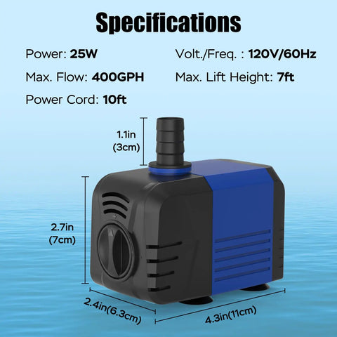 400GPH Submersible Pump With 25W Power, Ultra Quiet Water Pump showing dimensions and specifications. Ideal for aquariums, ponds.