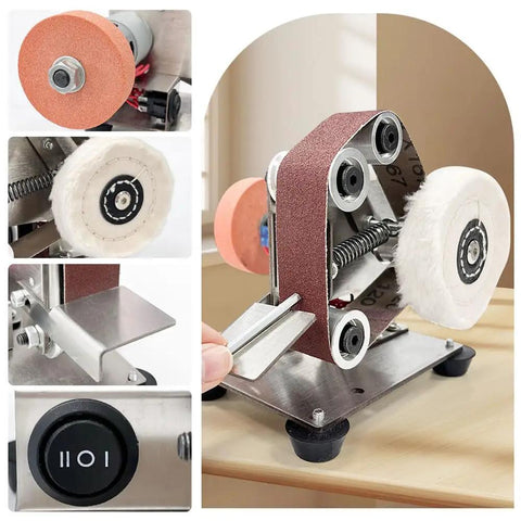 Badass Mini Belt Sander With Seven Tough Speed Settings And Locked In Fifteen Degree Guide for precision honing and polishing.