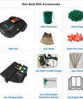 Smart Robotic Lawn Mower With App Control, main unit with accessories, including blades, wire, pegs, stakes, and manual