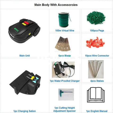 Smart Robotic Lawn Mower With App Control, main unit with accessories, including blades, wire, pegs, stakes, and manual
