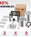 60 Quart Crawfish Boiler Outdoor Seafood Boil Kit with dustproof cover, jet burner, skimmer, and accessories displayed in parts.