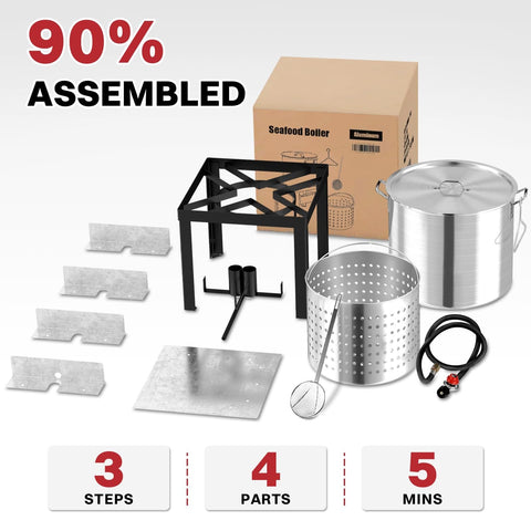 60 Quart Crawfish Boiler Outdoor Seafood Boil Kit with dustproof cover, jet burner, skimmer, and accessories displayed in parts.