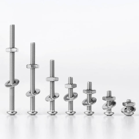 Various sizes of 10-32 pan head machine screws with nuts and washers from the 304 stainless steel full thread assortment kit