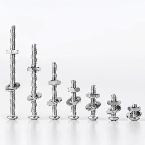 No-Fuss 10-24 By 2 Pan Head Machine Screws Kit With Nuts And Flat Washers 304 Stainless Steel stacked in size order.