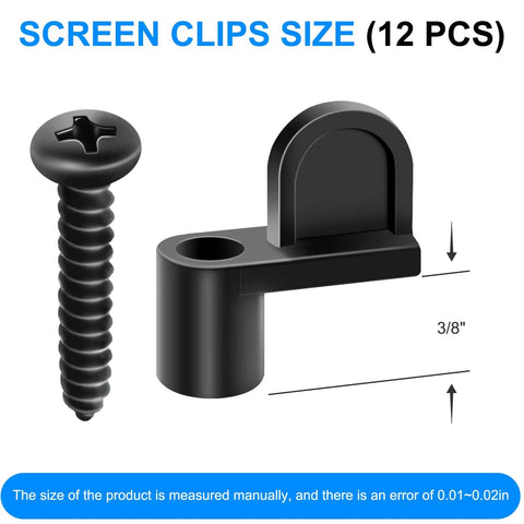 12 Pack 3 8 Inch Window Screen Clips For Storm Windows And Sliding Glass Doors showing a clip and screw for secure installation.