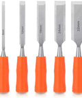 Heavy Duty 5 Piece Wood Chisel Set For Woodworking With Steel Hammer End And Ergonomic Plastic Handles Includes 6mm 12mm 18mm 24mm And 32mm Chisels For Precise Carving And Crafting displayed vertically