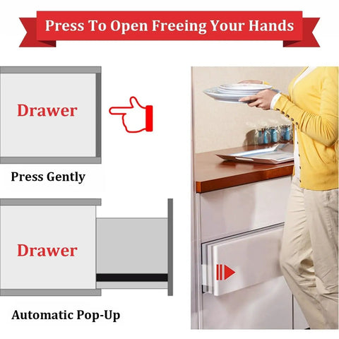 Kick to Open Drawer Slides 10-24 Inch Black Full Extension Side Mount Handleless Foot Tap Open Runners for Easy Hands Free Shoe Drawer Access Heavy Duty Modern Hardware, press-to-open drawer demo