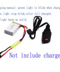 Two Pack 7.4V 850mAh LiPo Battery With Mini Tamiya Plug For 1 By 18 Scale RC Cars Trucks, USB cable, charging instructions.