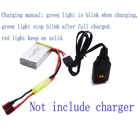Two Pack 7.4V 850mAh LiPo Battery With Mini Tamiya Plug For 1 By 18 Scale RC Cars Trucks, USB cable, charging instructions.