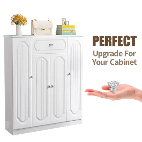 Totally Sleek Eight Piece Brushed Nickel Glass Cabinet Knob Set With Vintage Crystal Round Flower Design on white cabinet