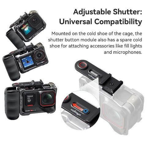 Xplorer Magnetic Quick Release Camera Grip Kit with adjustable shutter, compatible with Insta360, DJI Action, Hero series cameras.