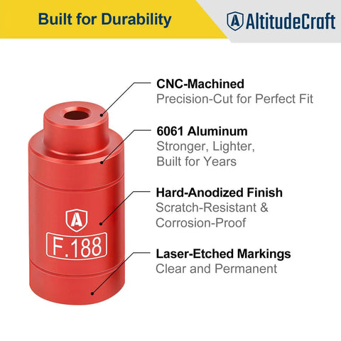 Close-up of F.188 bushing from Headspace Gauge Comparator Kit With 6 Bushings For Reloading, showing CNC-machined 6061 aluminum, red.