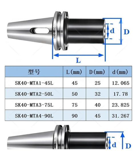 SK40 Morse Taper Tool Holder Compatible With Mta2 Mta3 Mta4 And Mtb Series For Cnc Milling Machines, detailed dimensions and specifications.