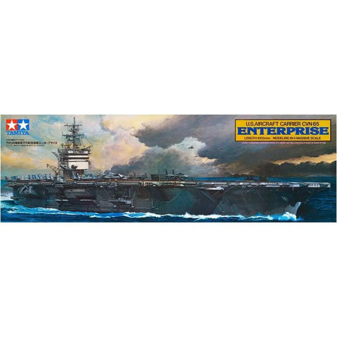 USS Enterprise 1/350 Scale Aircraft Carrier Plastic Model Kit For Display Featuring Realistic Deck With Landing Signal Lights Angled Deck Runway Markings And Detailed Warship Design on box art illustration