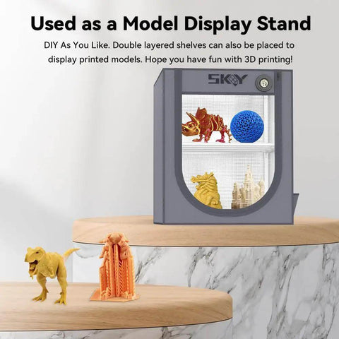 Premium Filament Storage Box With Hygrothermograph for 3D Printing used as display stand on wooden table