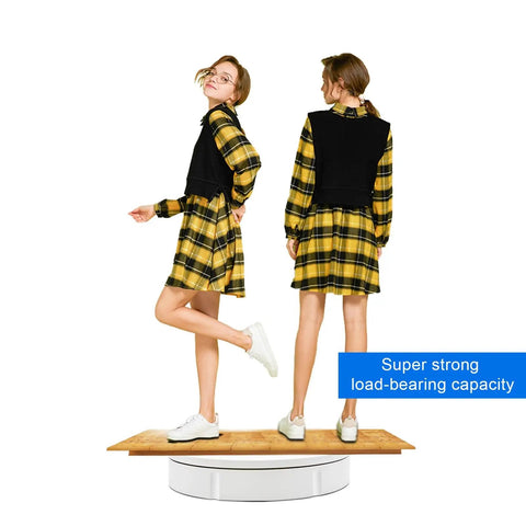 Heavy Duty Motorized Rotating Turntable With Remote Control 360 Degree Electric Product Display Stand For Jewelry Photography Video Marketing Show And Retail Store Black 24 Inch Wide Base with model showcasing dress