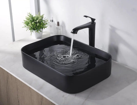 Rectangular Matte Black Vessel Sink Dope Modern Look 22x15 Inches, Top Mount Bathroom Vanity Basin with water flow