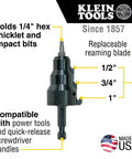 Power Conduit Reamer With Improved Bit Retention reamer sizes, blade, and features displayed, Made in USA logo included.