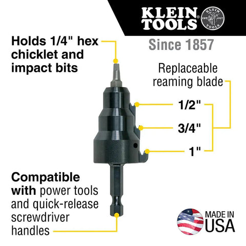 Power Conduit Reamer With Improved Bit Retention reamer sizes, blade, and features displayed, Made in USA logo included.