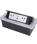 Recessed Pop Up Countertop Outlet With 20W Fast Charging Dual AC Outlets And USB A USB C Ports in sleek silver and black design.