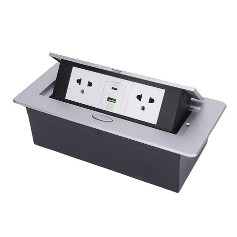 Recessed Pop Up Countertop Outlet With 20W Fast Charging Dual AC Outlets And USB A USB C Ports in sleek silver and black design.