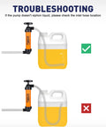 Siphon pump with orange body connected to a yellow jerry can; correct hose routing.
Siphon pump with orange body connected to a yellow jerry can; incorrect hose routing with loop.