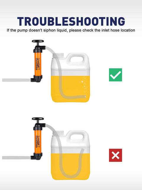 Siphon pump with orange body connected to a yellow jerry can; correct hose routing.
Siphon pump with orange body connected to a yellow jerry can; incorrect hose routing with loop.