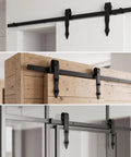 Heavy Duty Barn Door Hanger With Pointed Strap Rollers Rock Solid Metal Sliding Hardware mounted on wooden and glass doors.