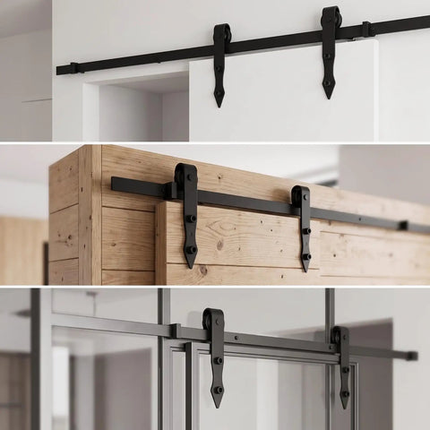 Heavy Duty Barn Door Hanger With Pointed Strap Rollers Rock Solid Metal Sliding Hardware mounted on wooden and glass doors.