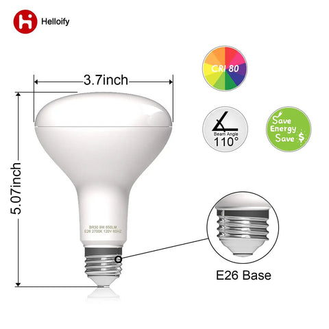 BR30 LED Flood Light Bulb 9W 65W Equivalent 5000K Daylight E26 Pack of 6 with dimensions and features