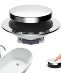 Heavy Duty Metal Bathtub Drain Stopper That Actually Works With Built Hair Catcher And Rapid Flow System Universal Pop Up Tub Plug close-up view.