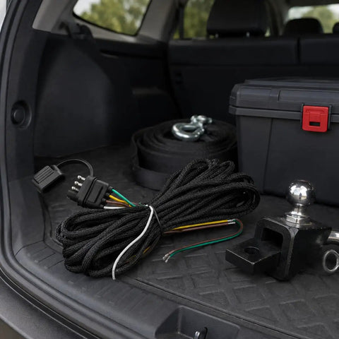 Ultimate 22 Foot 4 Pin 5 Wire Trailer Wiring Harness With Waterproof Connectors And Nylon Sleeve For Boats ATVs Trailers Easy Install Brake Lights Turn Signals, coiled in cargo area