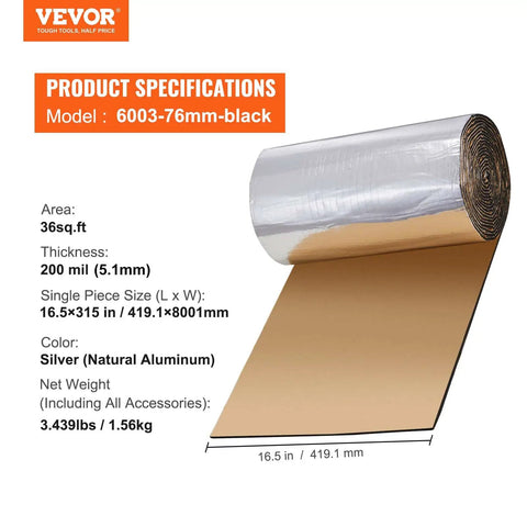 200 Mil Thick Soundproofing Mat Roll for Cars Trucks and Vans 36 Square Foot, silver roll showcasing 200 mil thickness and dimensions.