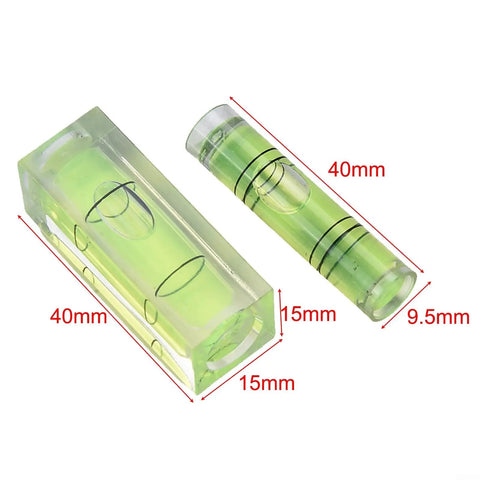 2pcs for mini for spirit Level Set Horizontal Bubble Vial For Picture Hanging Wall Art Calibration Rectangular And Cylinder Shape Plastic Green Liquid, detailed view of sizes and shapes.